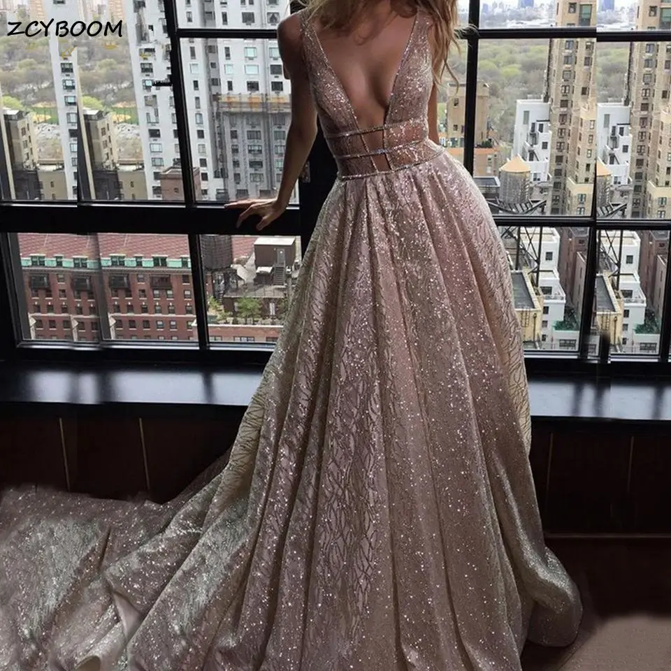 

2023 Sexy Glitter Tulle A-Line Formal Evening Dresses Elegant V-Neck Sleeveless Backless Women Party Prom Gowns Robes De Soirée