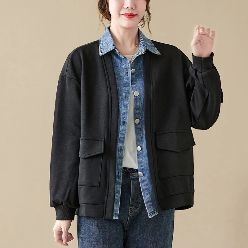 세련된 캐주얼 자켓 여성 봄 가을 한국어 버전 환상 데님 스플 라이스 야구 저지 비만 소녀 슬리브 자켓