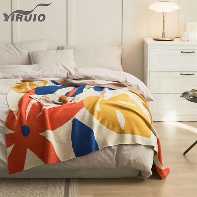 Yiruio Nyári Levelek Mintázott Kötött Takaró Lelkipásztori Hajnal Naplemente Elegáns Dekoratív Ágyhoz Kanapé Piknik Utazási Tábor