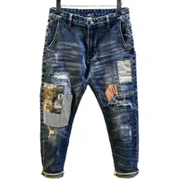Rétro épissé ​ ​ Jean homme marque tendance déchiré ours Patch ample classique homme pantalon strass Denims larmes Streetwear pour homme 4