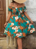 Plus Size Summer Elegant Women's Floral Print Dress Casual Vacation Vintage Off the Shoulder Dresses