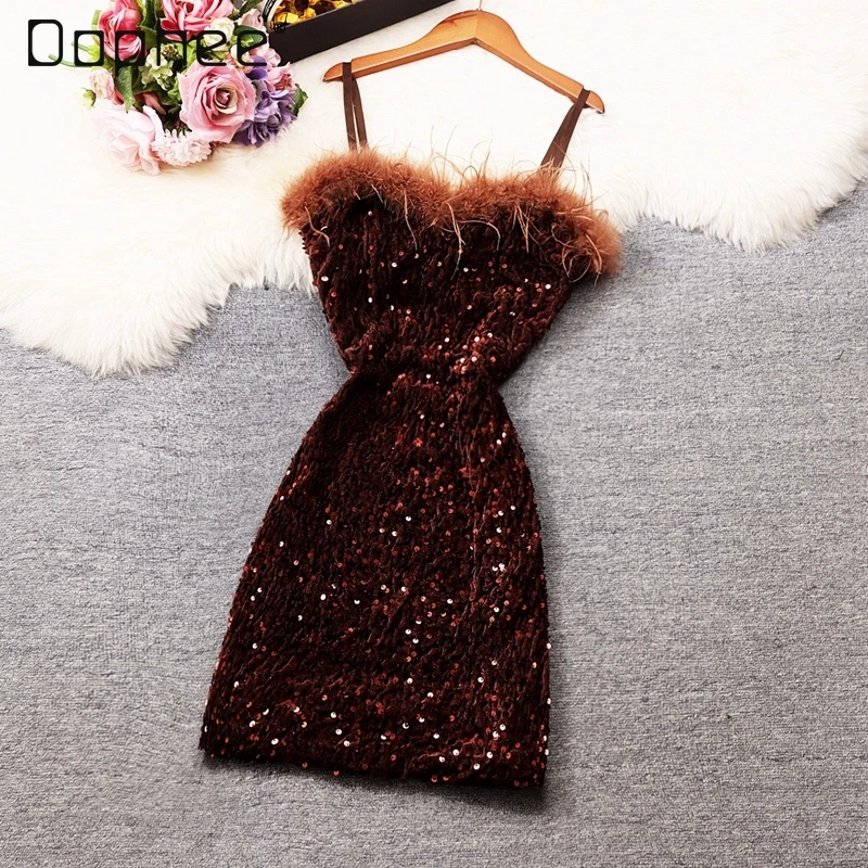 

Sexy Hot Girl Sequines Strapless Sling Dress Socialite Feather V-neck Slim Silk Velvet Banquet Short Hip Dresses for Women Party
