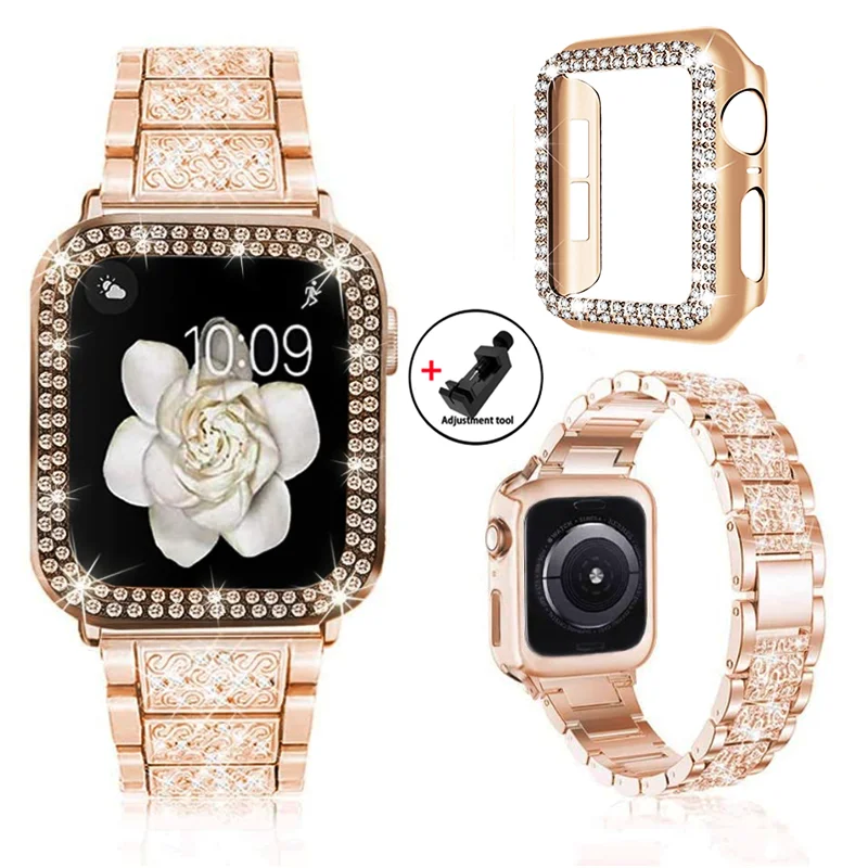 Elegant Diamond-Encrusted Metal Bracelet with Case