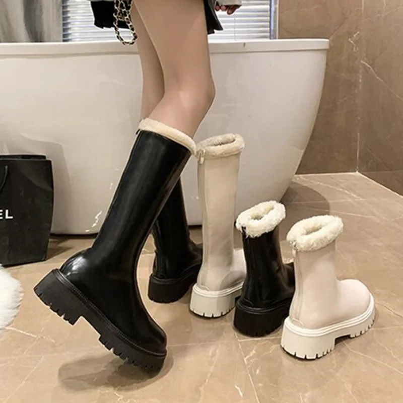Platforms Women 2023 new High Boots Thick Heels Winter Warm Plus Velvet Women's Knee-High Boots Casual Thick Heels Shoes Woman