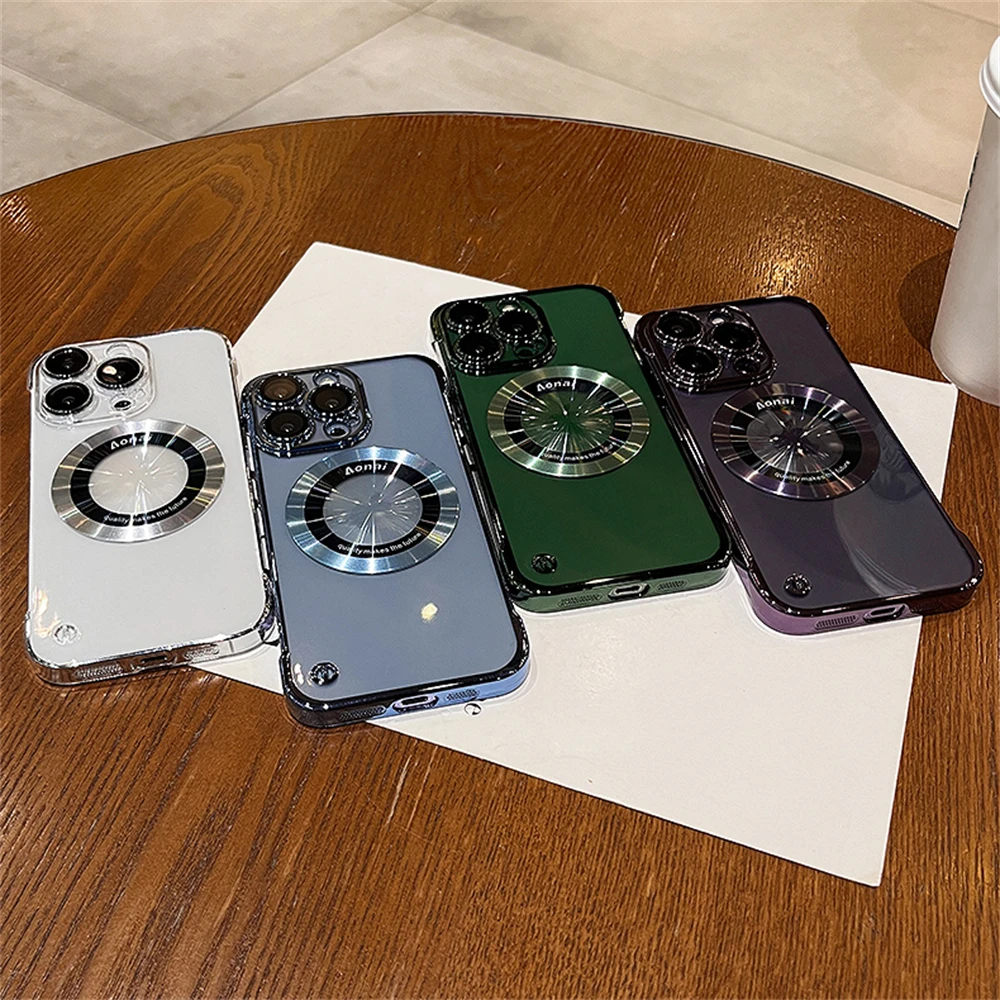 Plating Magnetic Wireless Charging Magsafe Clear Case For iPhone 15 14 Pro Max 13 12 11 Acrylic Hard Back Cover_voghion.com