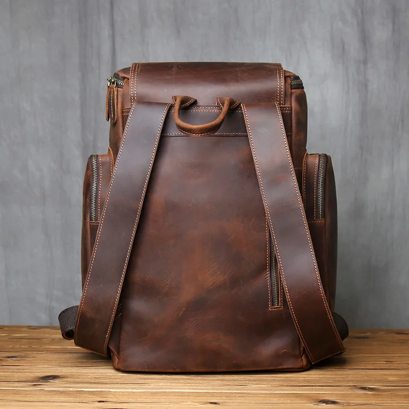 NZPJ Men's Retro Large Capacity Leather Backpack Genuine First Layer Natural Cowhide Travel Laptop Bag