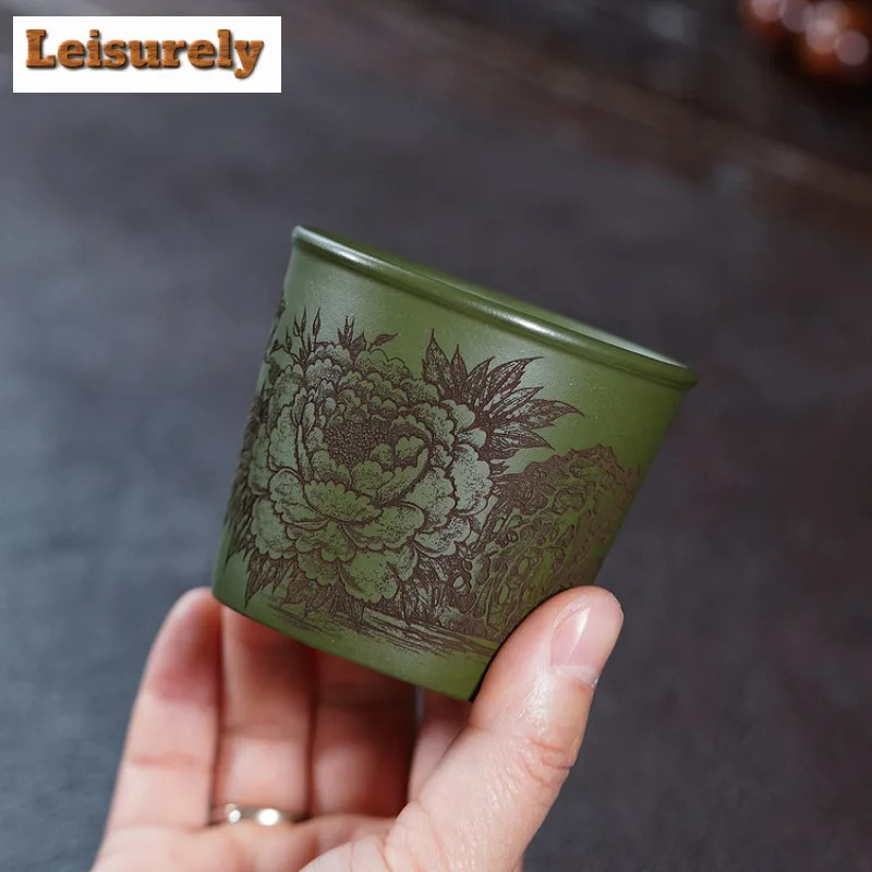 160ml Yixing Zisha Green Clay Peony Bamboo Teacup Boutique Tea Bowl Cute Cup Tea-tasting Fragrance Cup Chazhan Master Cups Cafes