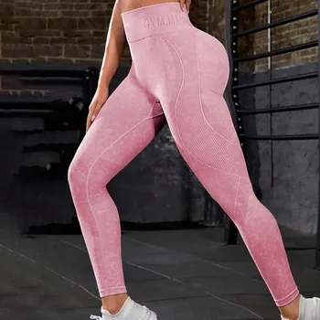 Pantaloni da yoga a vita alta da palestra senza cuciture da donna Sollevamento dell'anca Sport all'aria aperta Vita stretta Lettera Pantaloni lavati con sabbia Leggings da yoga per esercizi