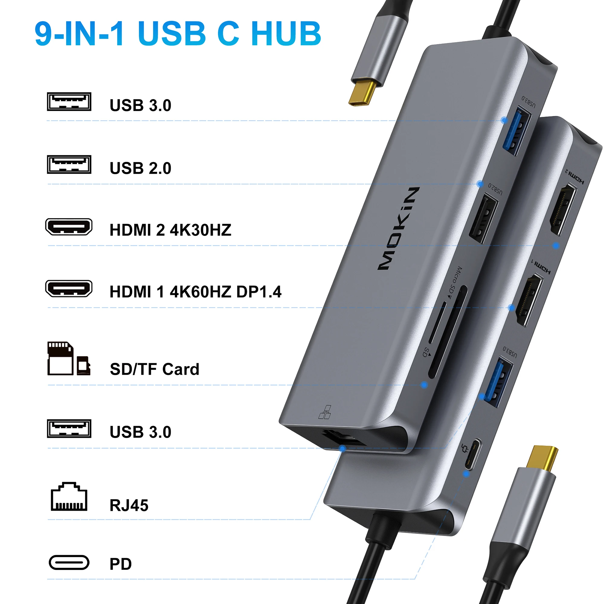 MOKiN USB C- HDMI , CŸ USB  ŷ ̼,   HDMI ,  4K @ 60Hz, 9  1
