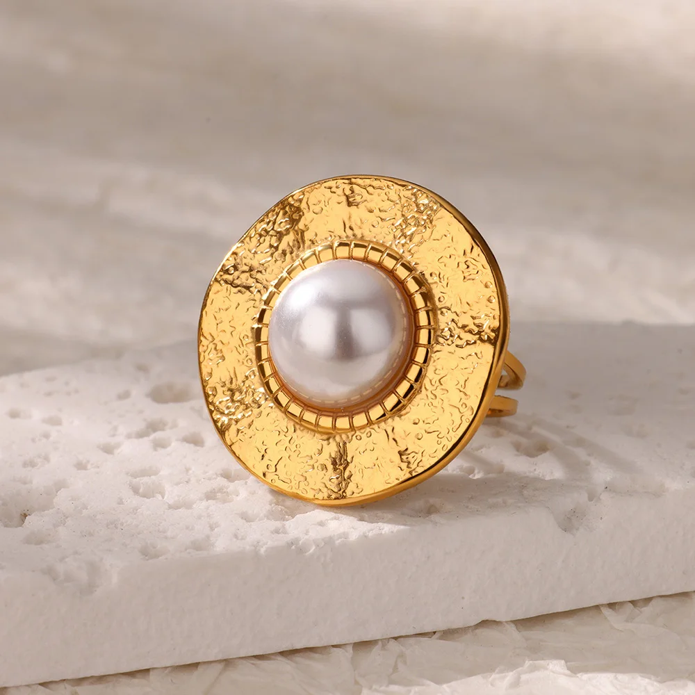 Women Round Imitation Pearl Stainless Steel Rings Gift