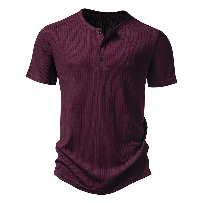 Three Button Fashionable Men's Henry Pit Stripe Short Sleeved T-shirt