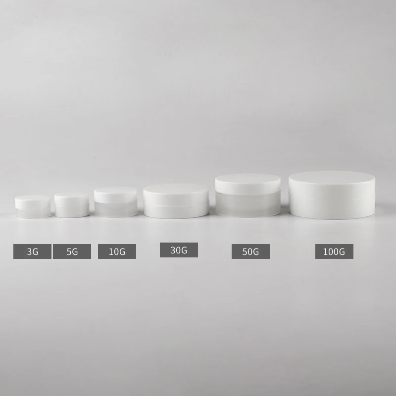 플라스틱 항아리 빈 화장품 용기, 뚜껑이 있는 투명 매트 냄비, 흰색 캡, 크림 상자 주석, 3g 5g 10g 30g 50g 100g, 도매, 100 개