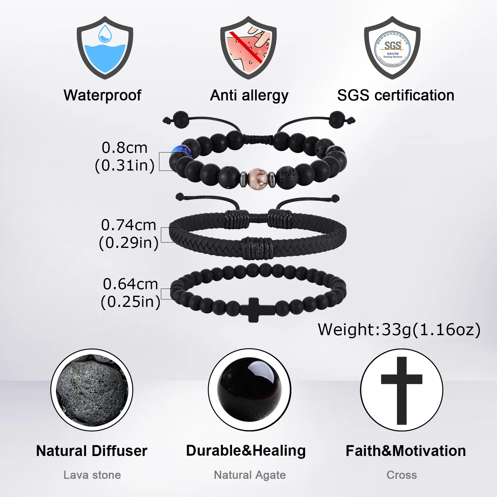 3pcs Punk Men's Bracelet,Black Color Natural Stone Beaded Bracelet,Cross Charm Wristband Gift