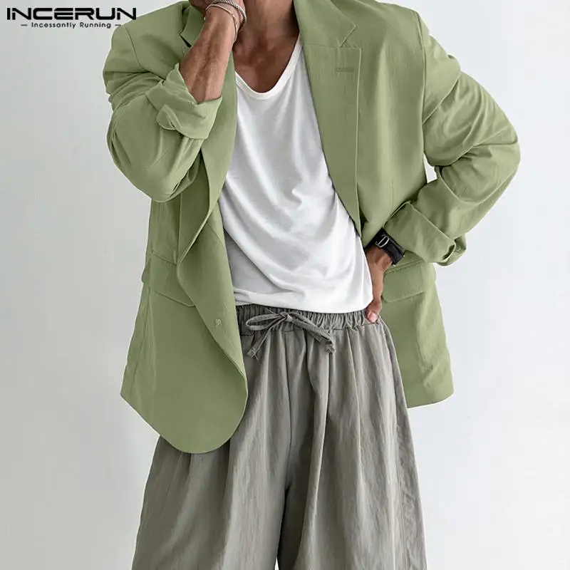 Mens Blazer INCERUN Men Blazer Solid Color Lapel Long Sleeve Streetwear Fashion Button Casual Suits Elegant Leisure Thin Coats 5XL mens blazer