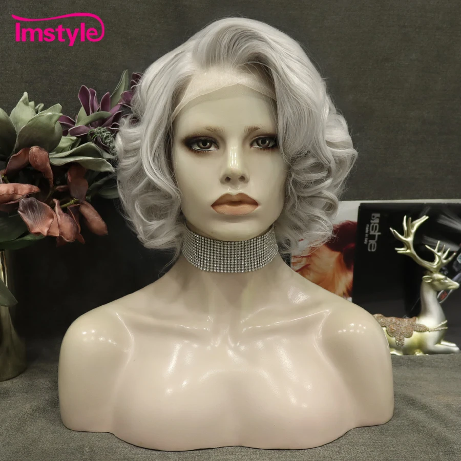 Imstyle Short Wig Grey Synthetic Lace Front Wig Natural Hairline Wavy Wig Heat Resistant Fiber Cosplay Wigs For Women Party Wig