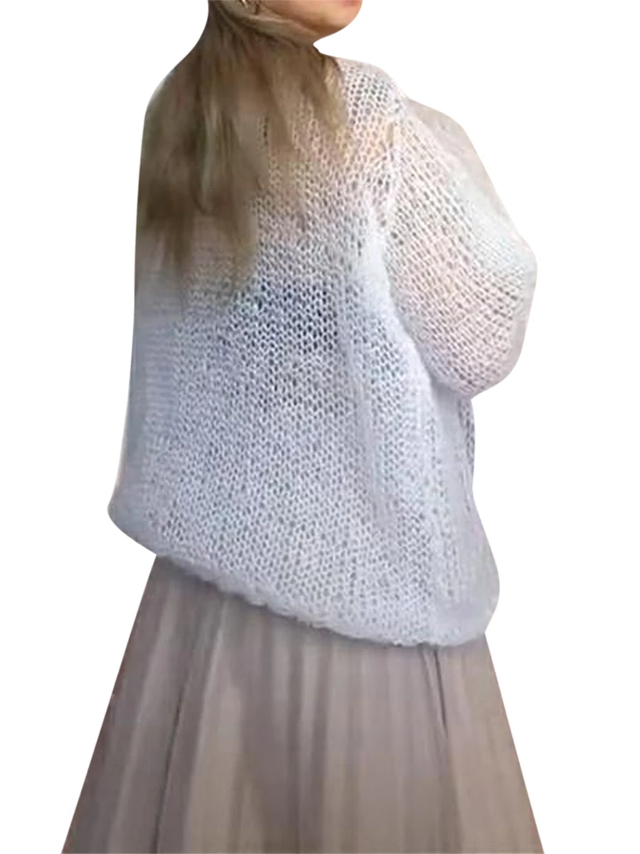 

Women Long Sleeve Sweaters Hollow Out Loose Round Neck Off Shoulder Crochet Cutout Fishnet Pullover Knitwear Streetwear Sweater