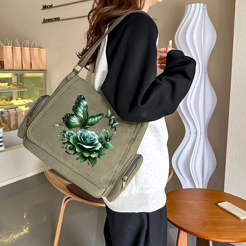 Women's Large Capacity Vintage Tote Bag with Rose & Butterfly Floral Print Multiple Pockets Shoulder Bag For Women Commuting