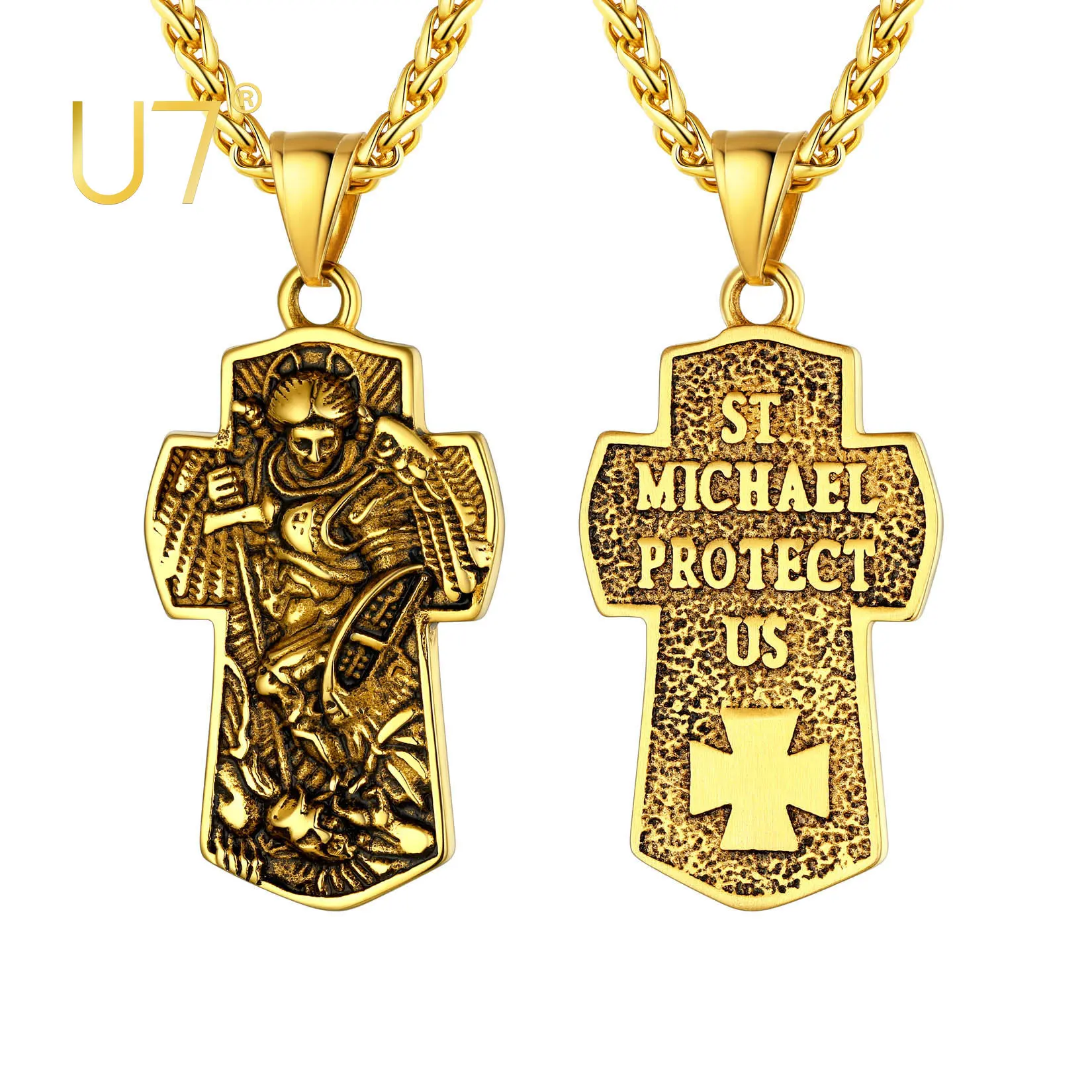 U7 Saint Michael The Archangel Necklace Stainless Steel Gold Color Catholic Amulet Gift St. Michael Cross Pendant for Men Women