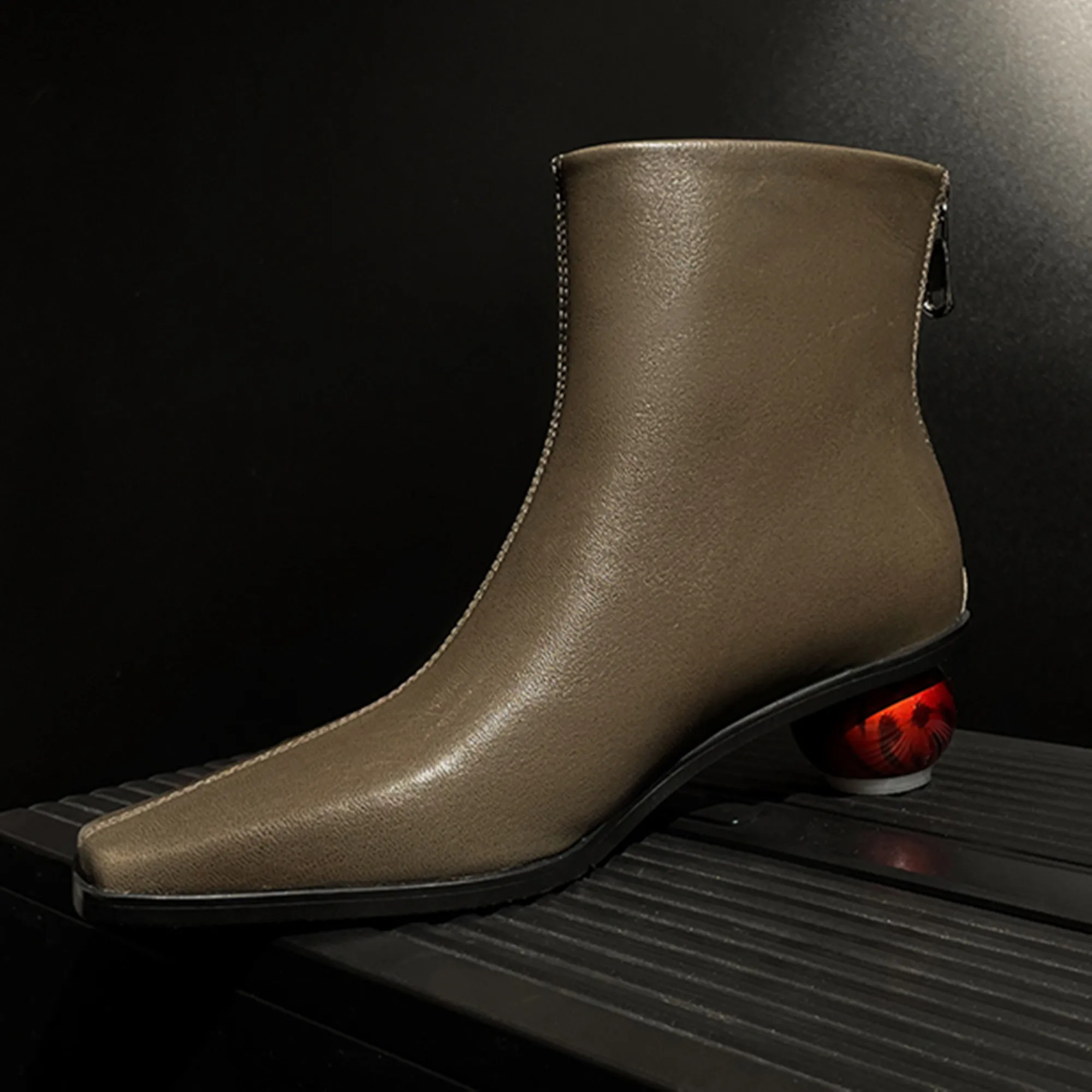 

【ENMAYER】2023 New Unique Genuine Leather Spring Boots Female Zipper Ankle Boots Thick High Heels Women Boots Medium Heel