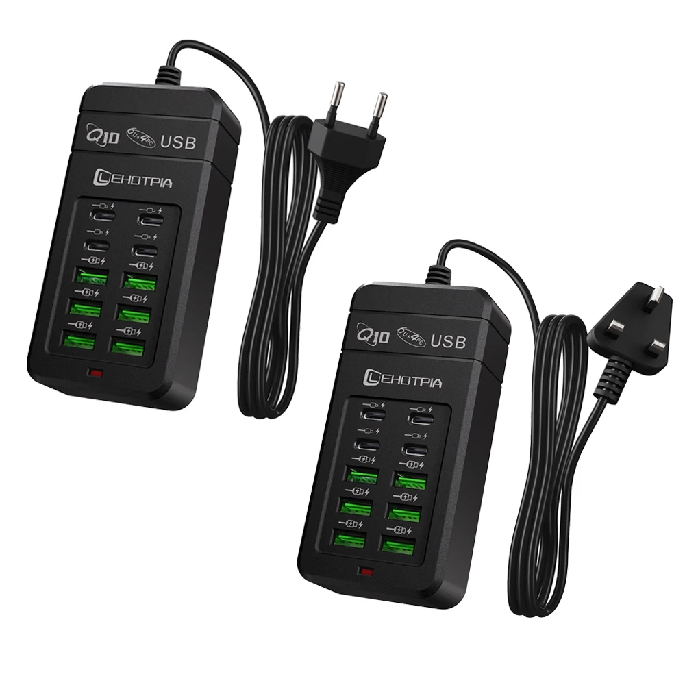 EU UK US Plug Multi-Port Fast USB Charger With 1.2m Cable - 6 USB-A & 4 USB-C Ports Portable Power Adapter for Phones USB Device 1
