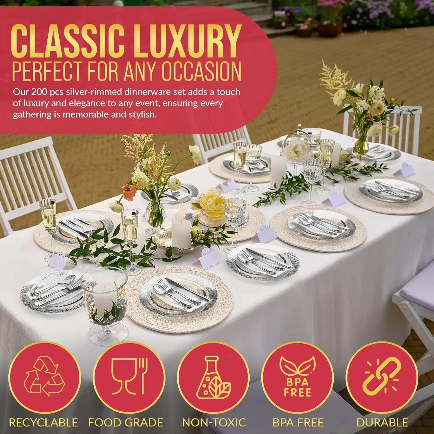 200 Pcs Plastic Dinner Plates-Decorative Disposable Plates-Disposable Wedding Plate, Fork, Spoon, Knife, Napkin