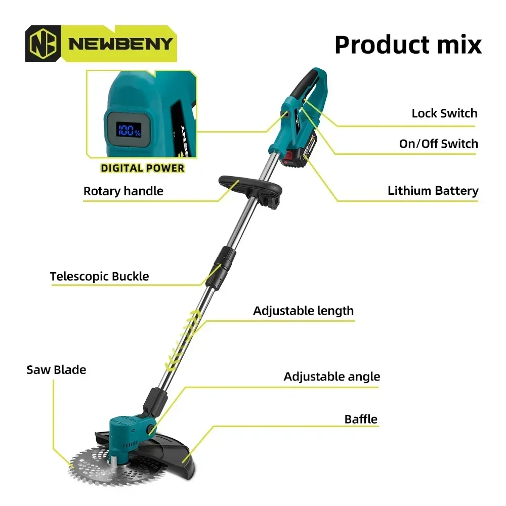 NEWBENY 9 Inch Brushless Electric Lawn Mower witht Digital Display Cordless Garden Shrubs Weeding Tools For Makita 18V Battery 5