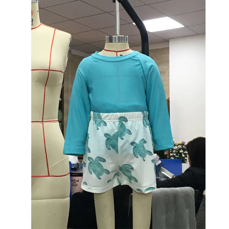 FOCUSNORM 0-3Y Summer Infant Baby Boys Rash Guard Swimsuit Solid Color Long Sleeve Round Neck Tops with Turtle Print Shorts