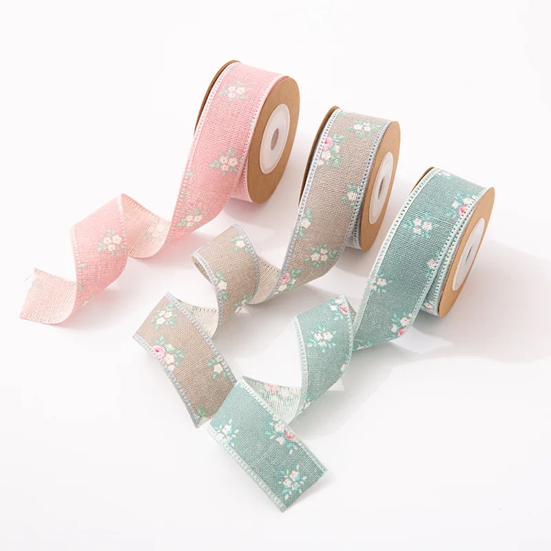 

5 Yards 2.5CM Spring Flowers Printed Linen Ribbon For DIY Headwear Wedding Party Festive Event Decoration Gift Bouquet Wrap