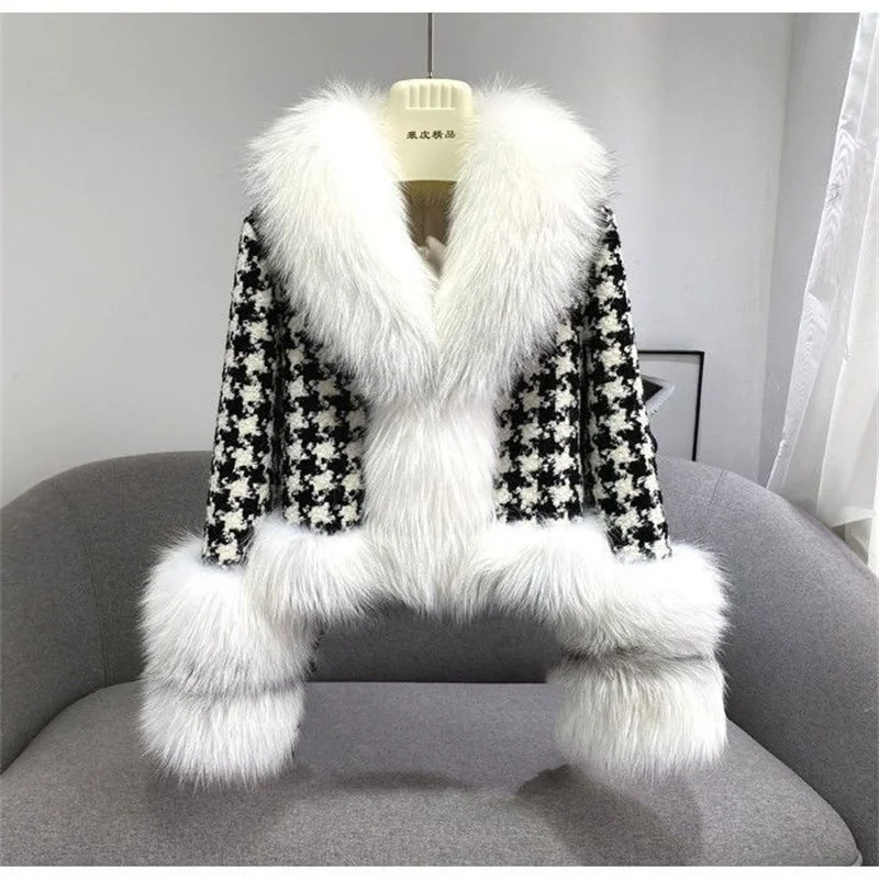 2022 Autumn Winter Women New Houndstooth Big Fur Collar Imitation Fox