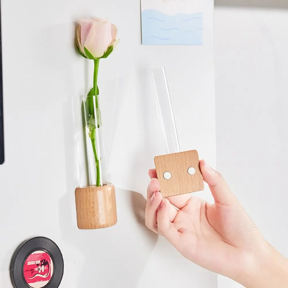 2 Pcs Solid Wood Magnetic Hydroponic Vase Durable Decorative Refrigerator Magnet Vase Shatterproof Wall Hanging Vase Kitchen 2
