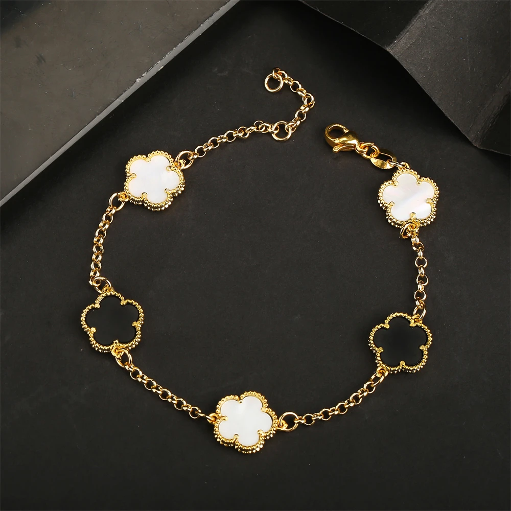 2023 Luxury Green Flower Natural White Shell Flower Stone Bracelet Ladies  Gift High Quality Four Leaf Clover Bracelet Jewelry