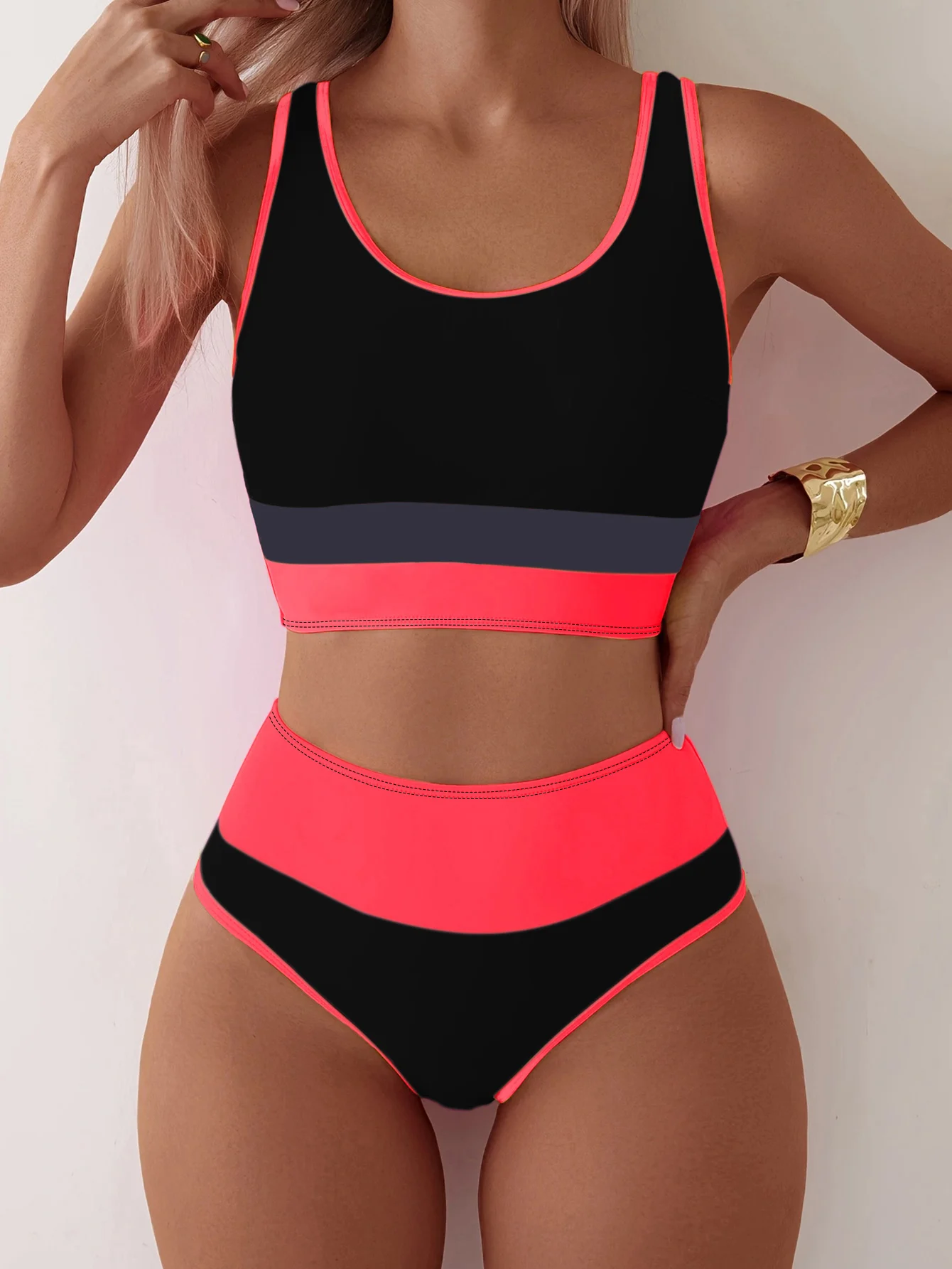 Women's Color Block Two Piece Swimsuit - High Waist Sports Bikini Set
