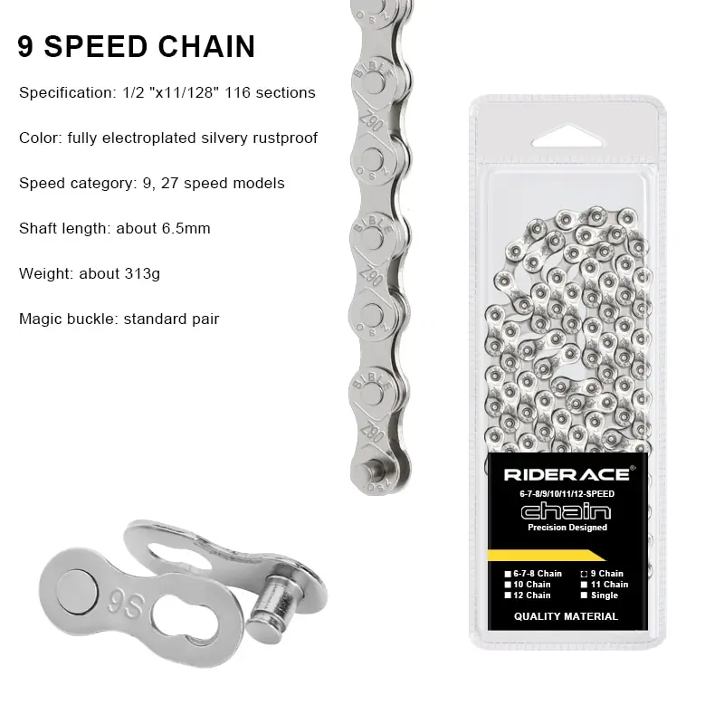 RIDERACE Ultralight Silver Bicycle Chain - 116 Links, Multi-Speed