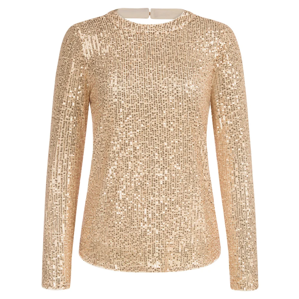 

GK Women Sequined Party Tops Long Sleeve Crew Neck Drape Back Pullover Tops