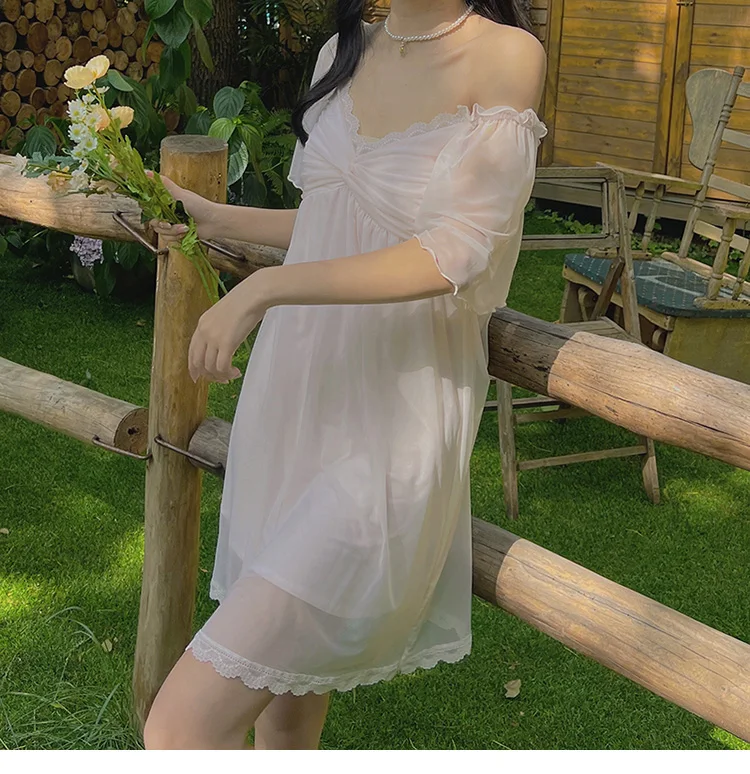 Summer new pajamas women's summer lace mesh sexy short-sleeved nightdress with chest pad dress home clothes
