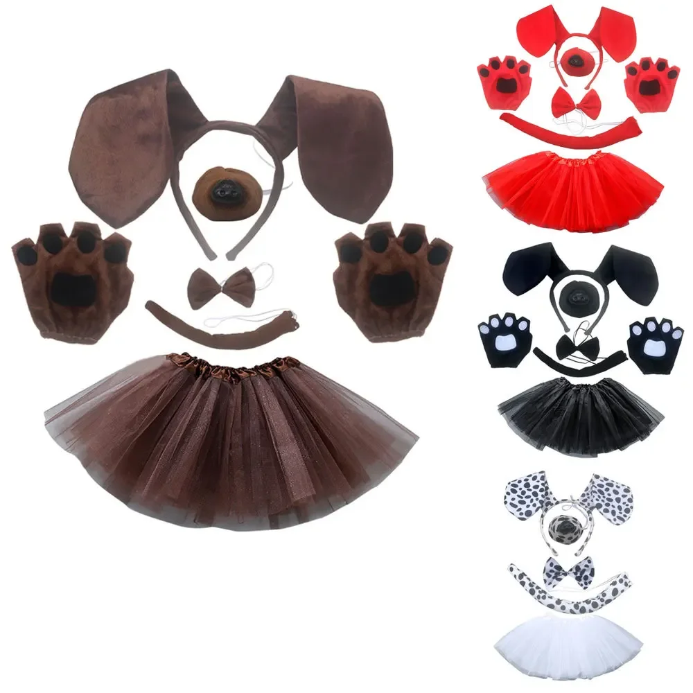 Red Brown Dalmatian Dog Ears Animal Headband Bowtie Tail Tutu Skirt for Kids Girl Birthday Party Gift Halloween Costume Cosplay