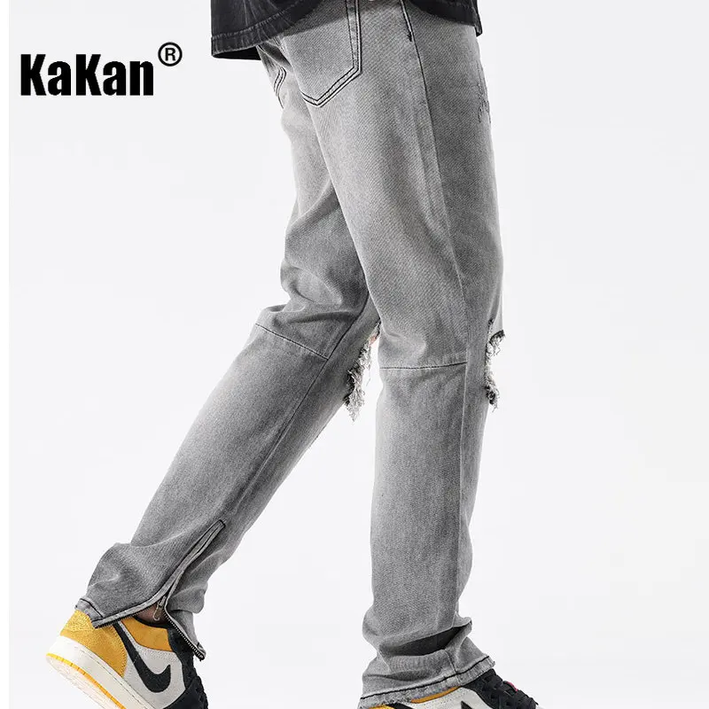 Kakan - New High Street Washed Hole Zippered Jeans for Men, Black Grey Slim Fit Long Jeans K24-JX5578