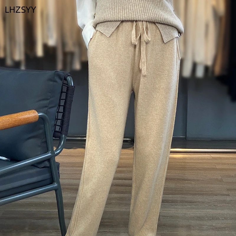 LHZSYY Autumn Winter New Women\' Cashmere High Waist Trousers Casual Loose Tight Waist Pants Draw String Straight Pants Wool Knit