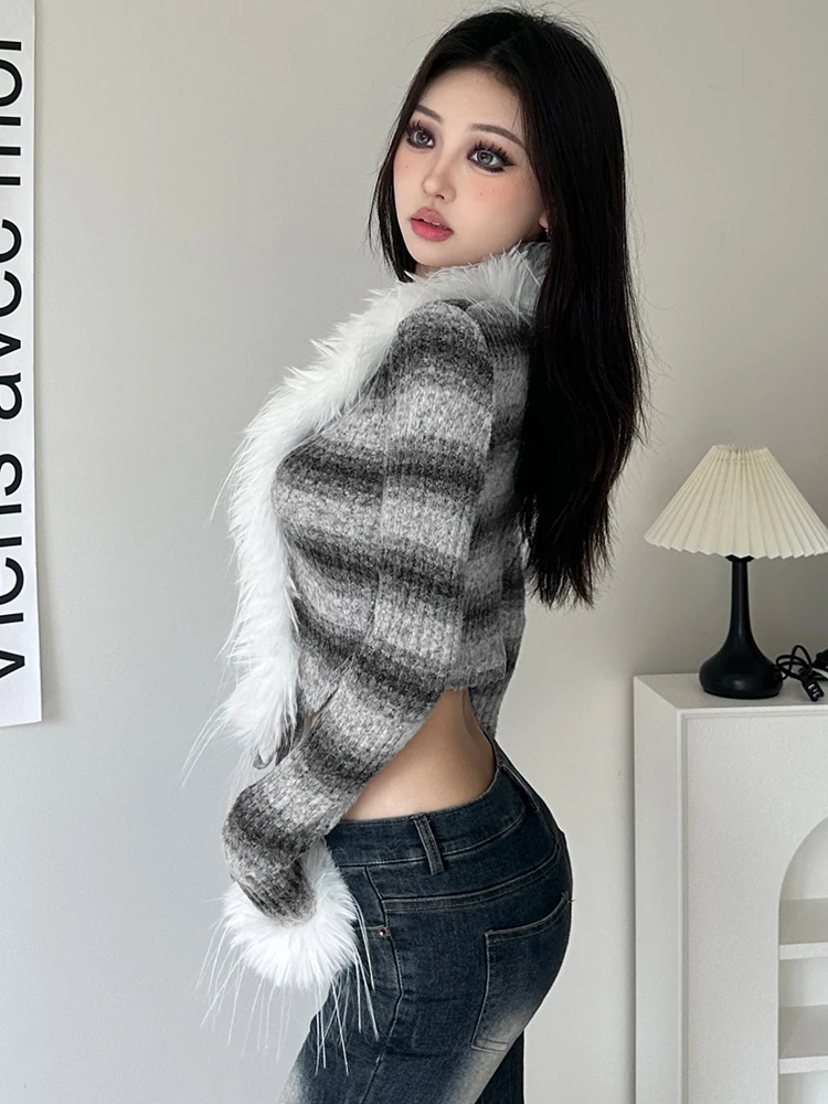 록모어 모피 패치워크 니트 가디건, 탑 스트리트, 가을, 겨울 캐주얼, 레이스 업 크롭 스웨터 코트, 여성 한국 니트웨어, y2k