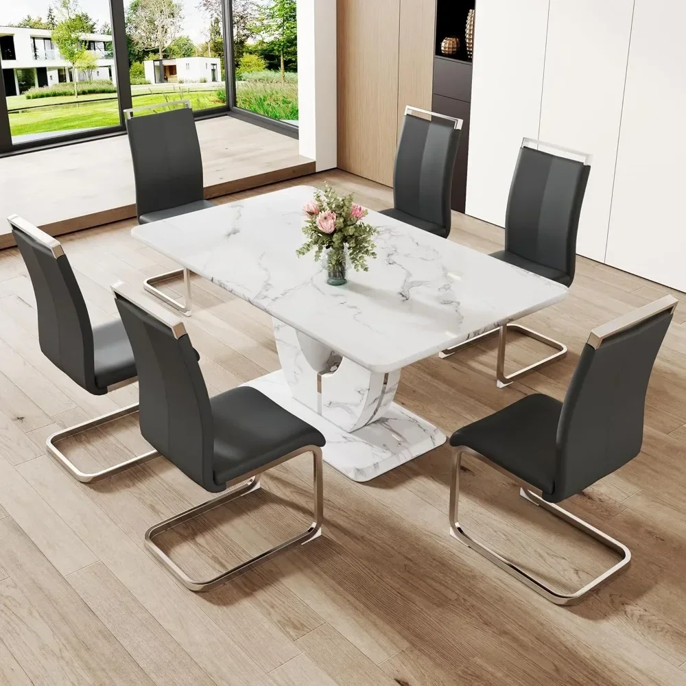 Modern Dining Table Set for 6 Rectangula Kitchen Table Set with Faux Marble Tabletop＆6 Pu Leather Upholstered Chairs