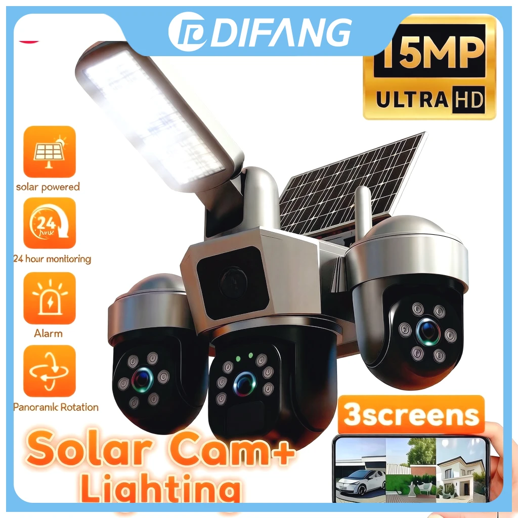 DIFANG V380 8K 15MP Solar Powered Security Camera 3-Len 3-Screen PTZ Ai Tracking Solar Lighting WiFi 4G Wireless Outdoor IP Cam 1