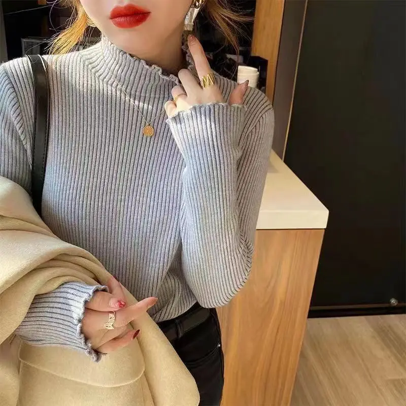 Women's Fungus Edge Semi-turtleneck Long-sleeved Sweater Fashion Knitwear Casual Solid Color Integrated Fleece Bottoming Shirt