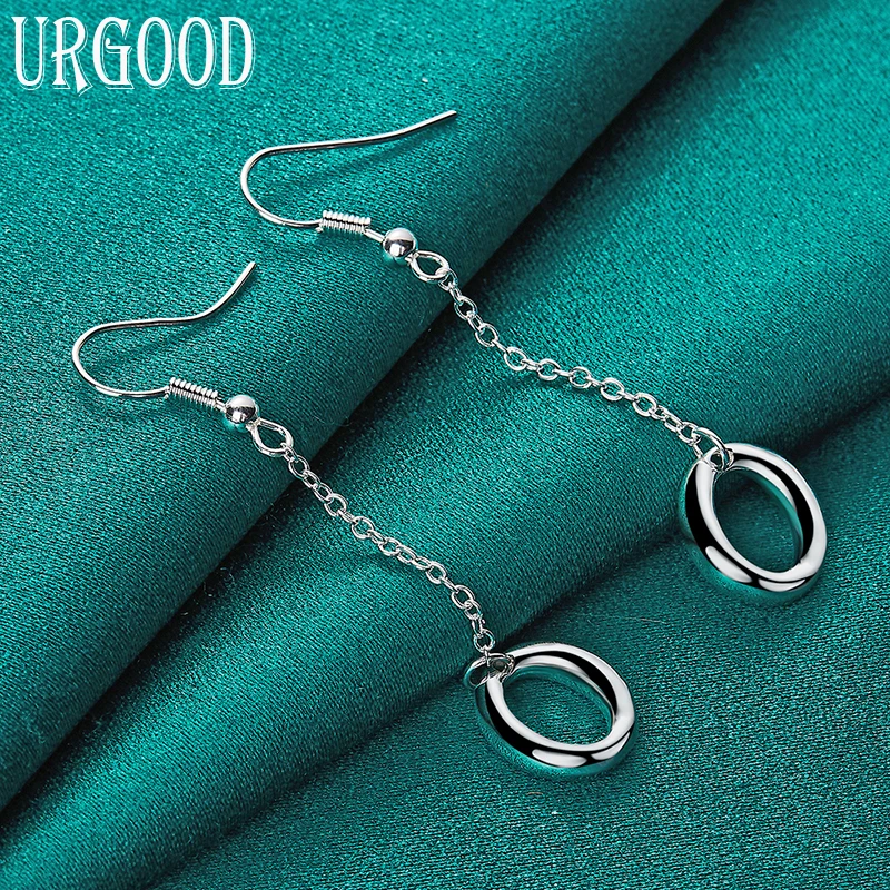 

925 Sterling Silver Round Circle Long Drop Earrings For Women Party Engagement Wedding Fashion Jewelry Gift