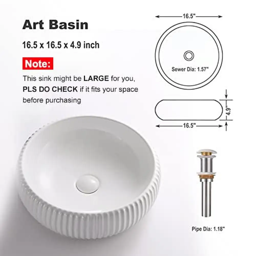 Modern White Ceramic Bathroom Vessel Sink 16.5'' Above Counter Porcelain Washing Bowl Art Basin Vanity Sinks with Pop-up Drain 3