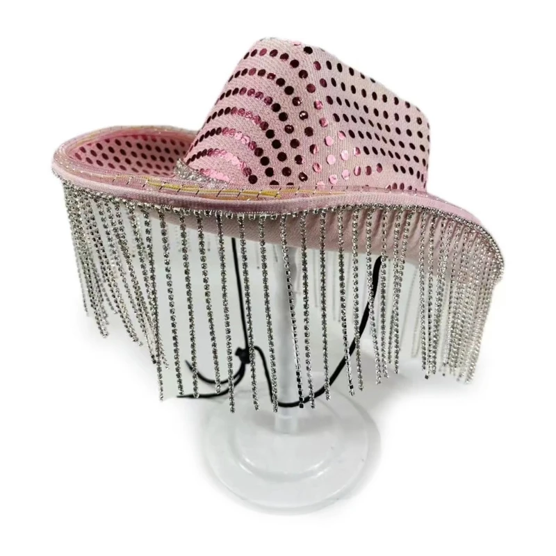 

Cowboy Hat with Sequins Glowing Tassels Shining String lights Versatile for Street Club Bar Party