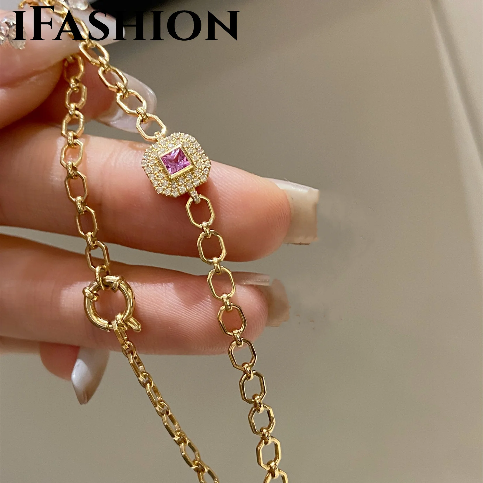 

Женский браслет с сапфирами IFASHION, ювелирное изделие из настоящего желтого золота 18 карат, с бриллиантами и розовым сапфиром, модные ювелирные украшения из драгоценных камней для свадьбы