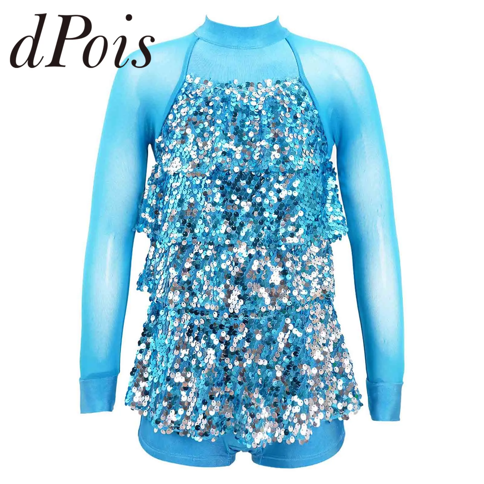 

Kids Girls Shiny Sequins Shorty Unitard Dress Mesh Long Sleeve Dance Dress Children Dancing Costumes Ballet Gymnastics Leotard