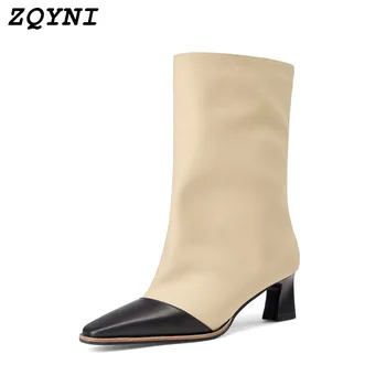 2022 microfiber and cowhide boots women's mid-calf shoes stiletto pointed toe sexy women's boots 2