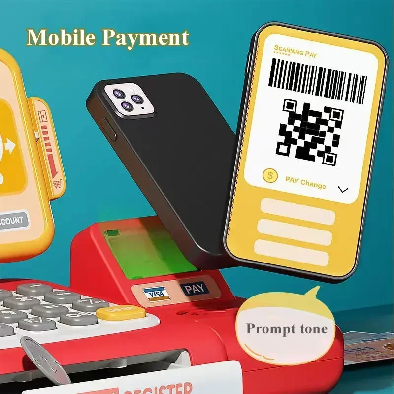 36-63pcs Pretend Play Calculator Cash Register Toy Supermarket Shop Cashier Registers with Scanner Shopping Toys Gifts for Kids 4