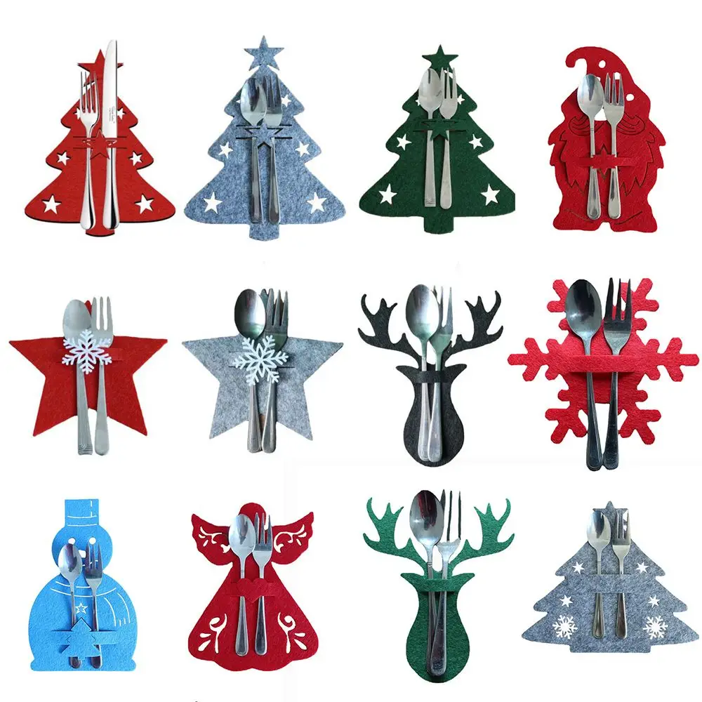 

4PC Non-woven Fabric Tableware Organizer Christmas Knife and Fork Holder Santa Claus Snowflake Elk Xmas Tree Pocket Cutlery Bag